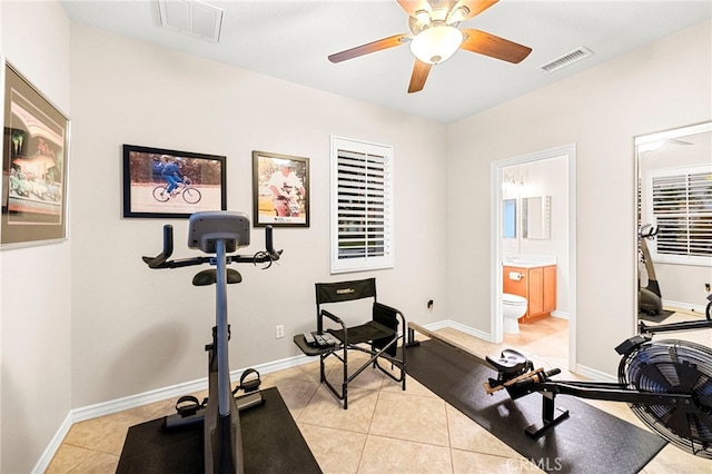 32872 Northshire Cir, Temecula, CA 92592 - exercise room featuring light tile patterned floors and a ceiling fan