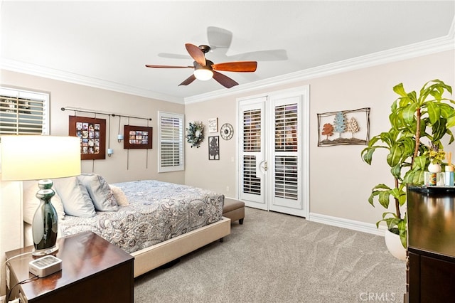 32872 Northshire Cir, Temecula, CA 92592 - carpeted bedroom with access to exterior, ornamental molding, and a ceiling fan