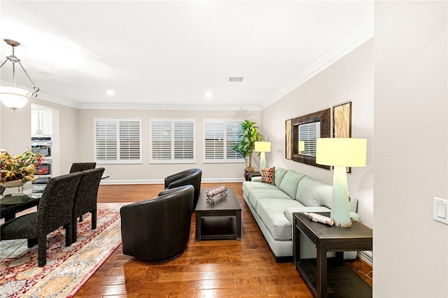 32872 Northshire Cir, Temecula, CA 92592 - living area with hardwood / wood-style floors, crown molding, and recessed lighting