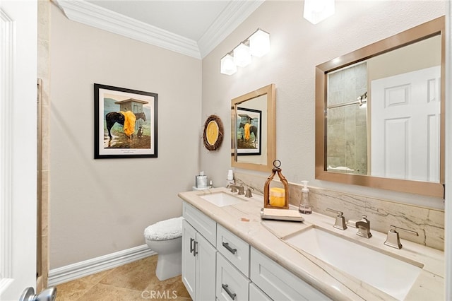 32872 Northshire Cir, Temecula, CA 92592 - full bathroom with double vanity, crown molding, and tiled shower