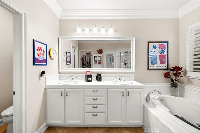 32872 Northshire Cir, Temecula, CA 92592 - bathroom featuring ornamental molding, double vanity, a bath, and tile patterned flooring