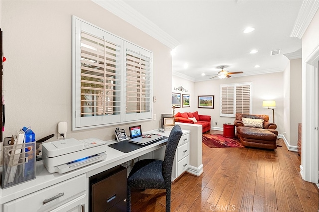 32872 Northshire Cir, Temecula, CA 92592 - office featuring ornamental molding, recessed lighting, hardwood / wood-style floors, and a ceiling fan