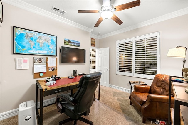 32872 Northshire Cir, Temecula, CA 92592 - carpeted office space featuring ceiling fan and crown molding
