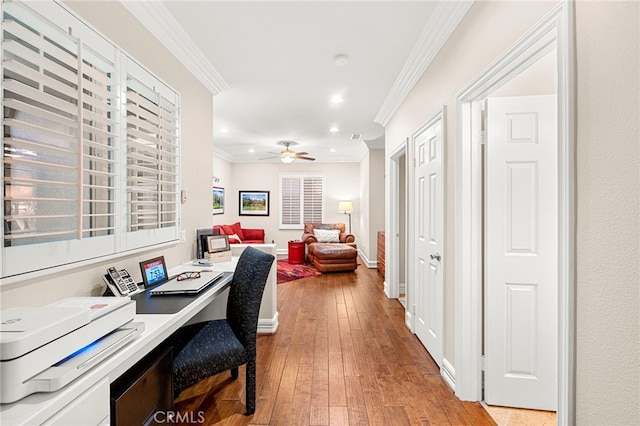 32872 Northshire Cir, Temecula, CA 92592 - office space with crown molding, light wood-style floors, recessed lighting, ceiling fan, and built in study area