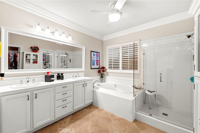 32872 Northshire Cir, Temecula, CA 92592 - bathroom featuring a stall shower, ornamental molding, double vanity, a garden tub, and tile patterned floors