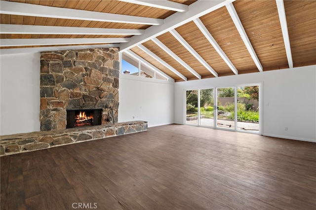 2030 Goldeneye Pl, Costa Mesa, CA 92626 - unfurnished living room featuring a stone fireplace, wood finished floors, a wood ceiling with exposed beams, and high vaulted ceiling