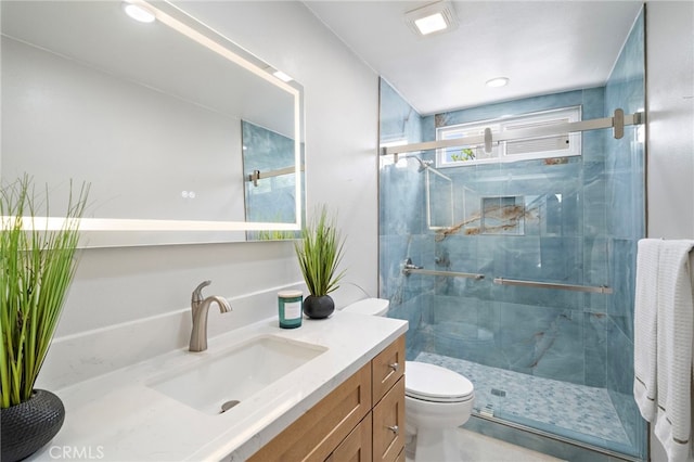 2030 Goldeneye Pl, Costa Mesa, CA 92626 - full bathroom with vanity, a marble finish shower, and recessed lighting