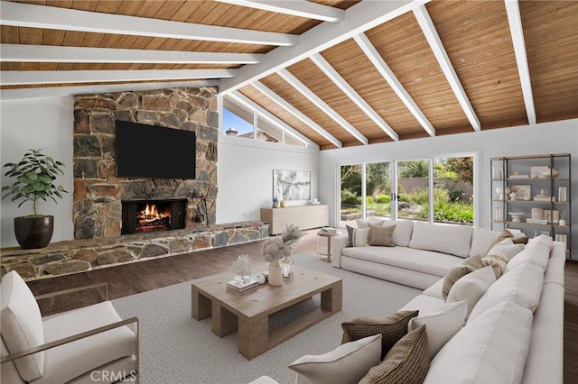 2030 Goldeneye Pl, Costa Mesa, CA 92626 - living area featuring wood finished floors, wood ceiling, and a fireplace