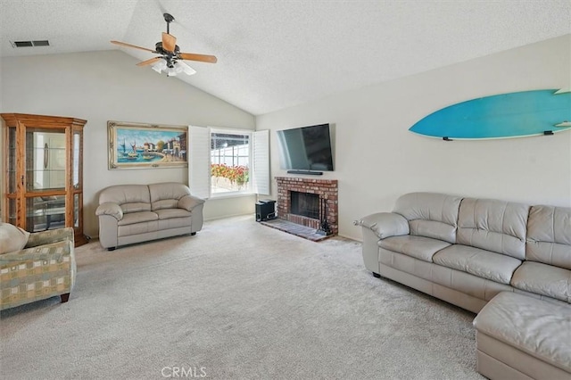 15144 Poppy Meadow St, Canyon Country, CA 91387 - living area featuring vaulted ceiling, ceiling fan, carpet flooring, a textured ceiling, and a brick fireplace