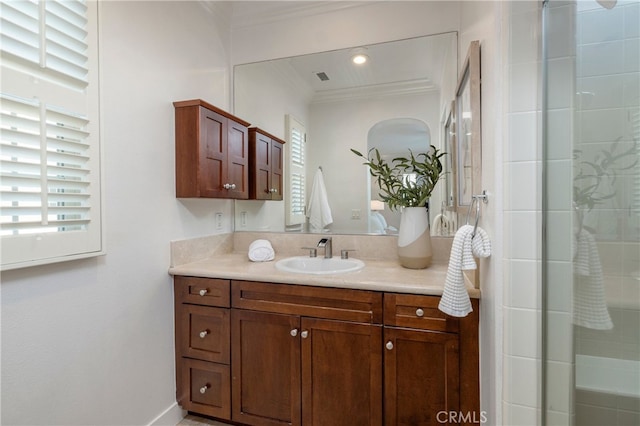 74 Townsend, Irvine, CA 92620 - bathroom with crown molding, vanity, and tiled shower