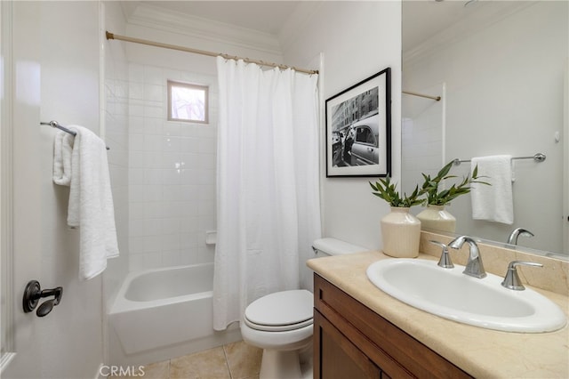 74 Townsend, Irvine, CA 92620 - bathroom featuring vanity, shower / bath combination with curtain, crown molding, and tile patterned flooring