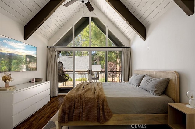 345 Maple Dr, Lake Arrowhead, CA 92352 - bedroom featuring dark wood-style floors, access to outside, wood ceiling, and ceiling fan