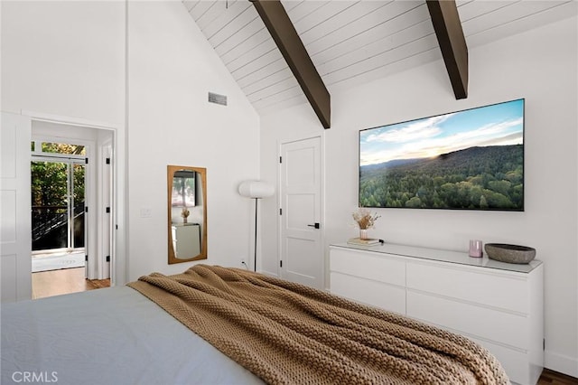 345 Maple Dr, Lake Arrowhead, CA 92352 - bedroom featuring wood finished floors, high vaulted ceiling, and a wooden ceiling with exposed beams