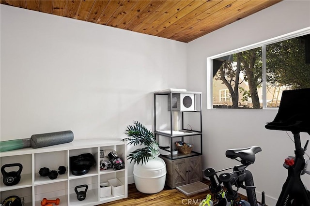 345 Maple Dr, Lake Arrowhead, CA 92352 - workout room featuring wood ceiling and wood finished floors