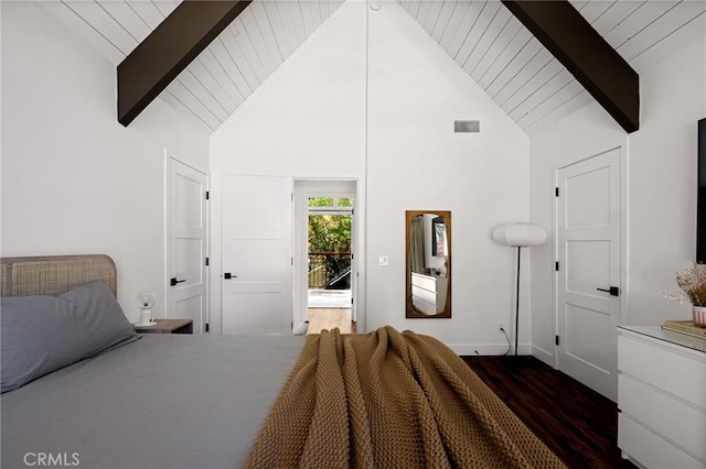 345 Maple Dr, Lake Arrowhead, CA 92352 - bedroom with a wood ceiling with exposed beams, dark wood-style floors, and high vaulted ceiling