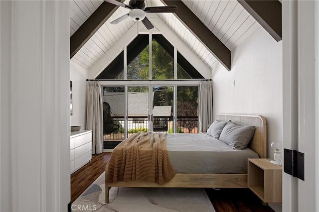 345 Maple Dr, Lake Arrowhead, CA 92352 - bedroom featuring dark wood-type flooring, wood ceiling, and a ceiling fan