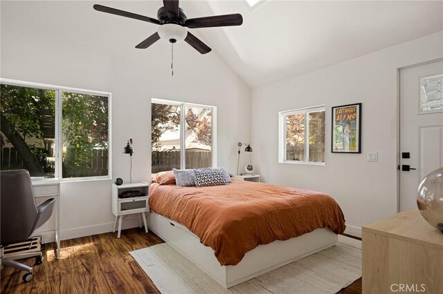 345 Maple Dr, Lake Arrowhead, CA 92352 - bedroom with multiple windows, high vaulted ceiling, wood finished floors, and ceiling fan