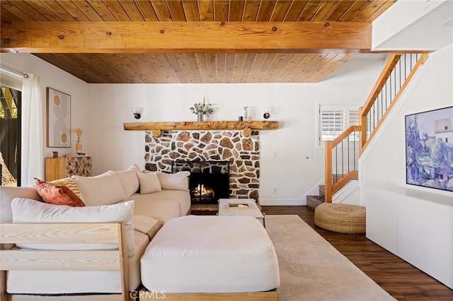 345 Maple Dr, Lake Arrowhead, CA 92352 - living room featuring a wood ceiling with exposed beams, wood finished floors, stairs, and a fireplace