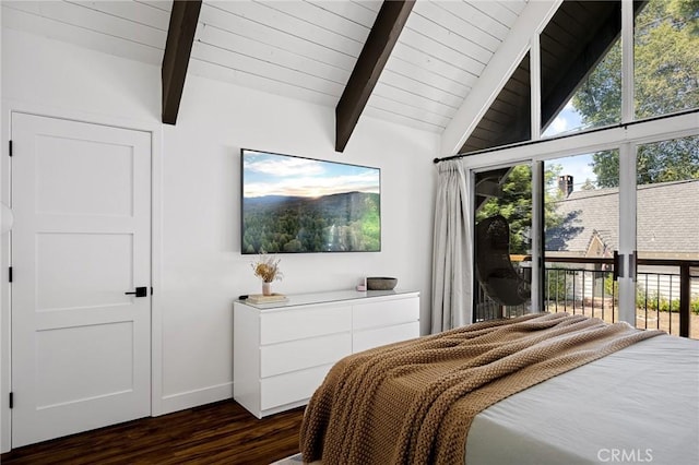 345 Maple Dr, Lake Arrowhead, CA 92352 - bedroom with access to outside, dark wood-style flooring, and wooden ceiling