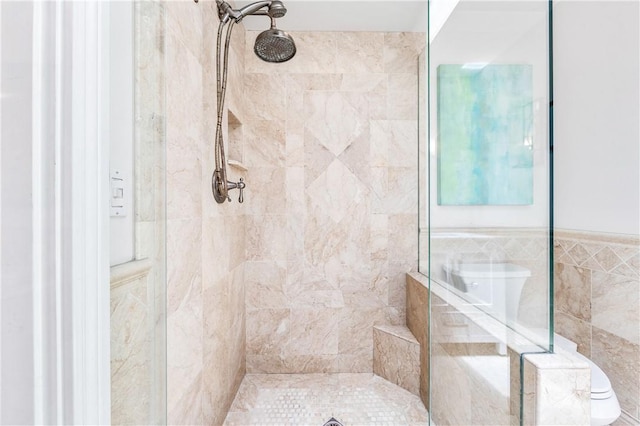 2726 Cardinal Dr, Costa Mesa, CA 92626 - full bathroom featuring tiled shower, tile walls, and wainscoting