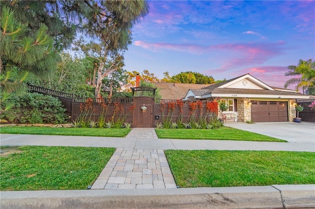 2726 Cardinal Dr, Costa Mesa, CA 92626 - single story home with driveway, a gate, a garage, stone siding, and a chimney