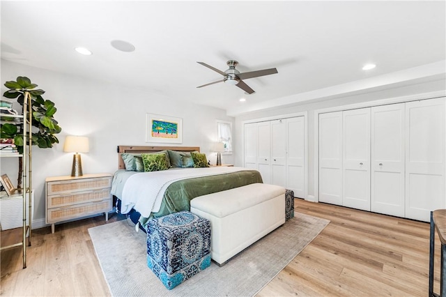 2726 Cardinal Dr, Costa Mesa, CA 92626 - bedroom featuring multiple closets, light wood finished floors, recessed lighting, and a ceiling fan