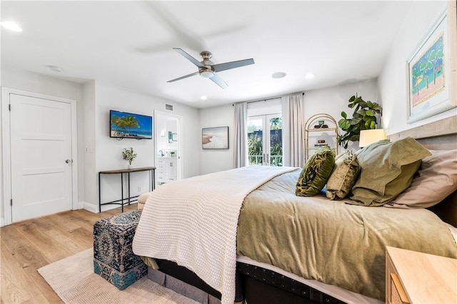 2726 Cardinal Dr, Costa Mesa, CA 92626 - bedroom featuring light wood finished floors, recessed lighting, ensuite bath, and ceiling fan