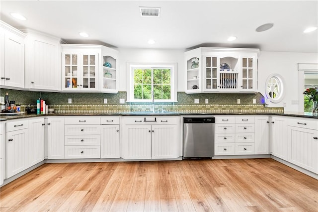 2726 Cardinal Dr, Costa Mesa, CA 92626 - kitchen with stainless steel dishwasher, white cabinetry, open shelves, dark countertops, and recessed lighting