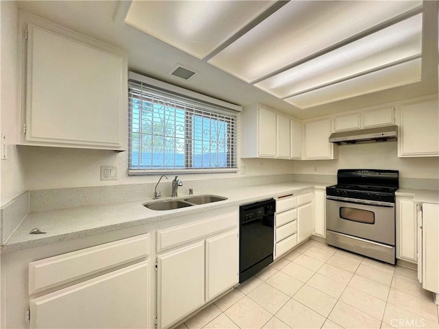 309 Whispering Pine Ln, La Puente, CA 91744 - kitchen featuring stainless steel gas stove, black dishwasher, under cabinet range hood, light tile patterned flooring, and white cabinets