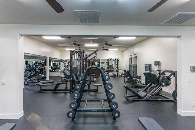 3871 Bur Oak Rd, San Bernardino, CA 92407 - exercise room with a ceiling fan and baseboards