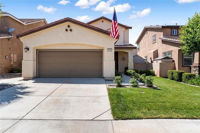 3871 Bur Oak Rd, San Bernardino, CA 92407 - view of front facade featuring stucco siding, a garage, driveway, and a front lawn