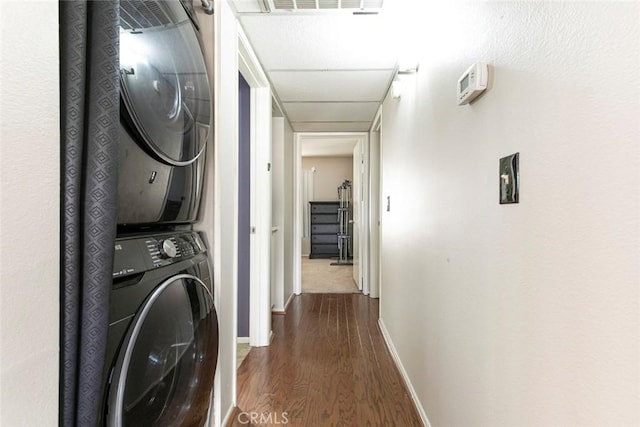 18110 Erik Ct Unit 593, Canyon Country, CA 91387 - laundry area featuring estacked washer and dryer and wood finished floors