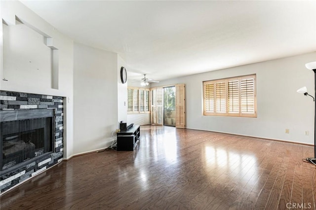 18110 Erik Ct Unit 593, Canyon Country, CA 91387 - unfurnished living room featuring wood finished floors, a fireplace, and ceiling fan