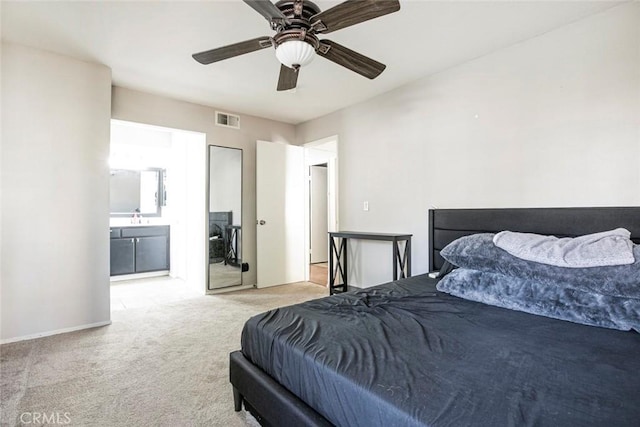 18110 Erik Ct Unit 593, Canyon Country, CA 91387 - carpeted bedroom featuring a ceiling fan and ensuite bathroom