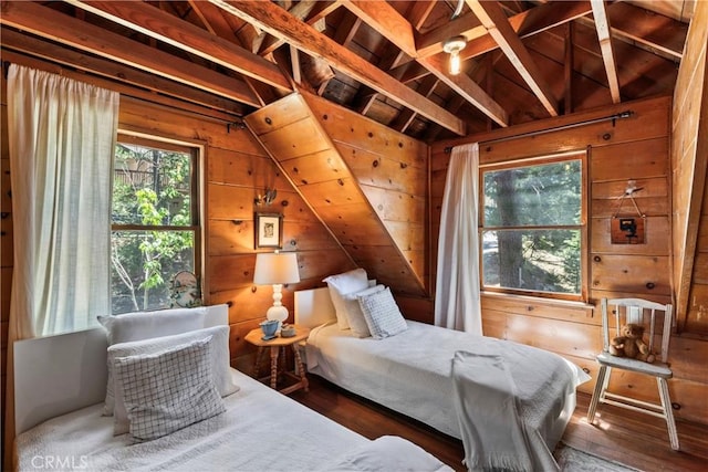 600 Rose Ln, Twin Peaks, CA 92391 - bedroom with wood walls, vaulted ceiling, and wood finished floors