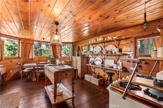 600 Rose Ln, Twin Peaks, CA 92391 - office area with wooden ceiling, wood walls, healthy amount of natural light, and dark wood-style flooring