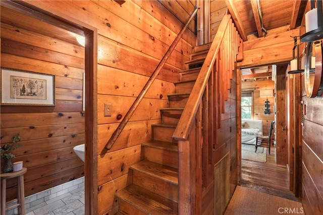 600 Rose Ln, Twin Peaks, CA 92391 - stairs featuring wooden walls and wood ceiling