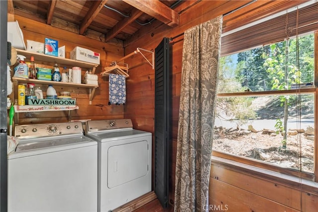 600 Rose Ln, Twin Peaks, CA 92391 - laundry room featuring independent washer and dryer, wood walls, and wooden ceiling