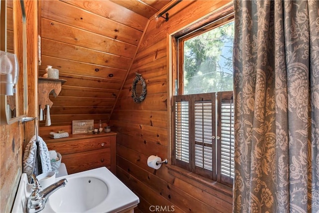 600 Rose Ln, Twin Peaks, CA 92391 - bathroom featuring wood walls and a sink