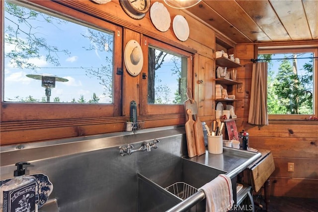 600 Rose Ln, Twin Peaks, CA 92391 - kitchen with wooden walls, wood ceiling, and open shelves