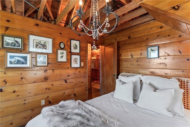 600 Rose Ln, Twin Peaks, CA 92391 - bedroom featuring vaulted ceiling, wooden walls, and a chandelier