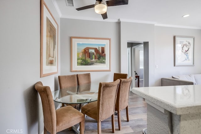 376 Gullotti Pl, Placentia, CA 92870 - dining room featuring ornamental molding, light wood-type flooring, ceiling fan, and recessed lighting