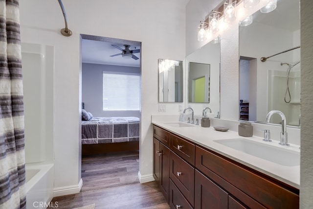 376 Gullotti Pl, Placentia, CA 92870 - ensuite bathroom with a ceiling fan, wood finished floors, double vanity, and shower / bath combo with shower curtain
