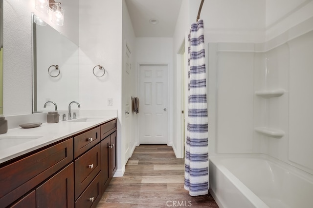 376 Gullotti Pl, Placentia, CA 92870 - full bath with wood finished floors, double vanity, and shower / tub combo with curtain