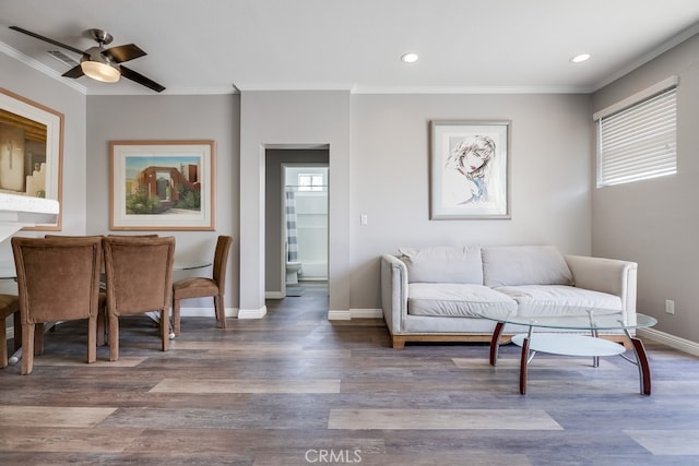 376 Gullotti Pl, Placentia, CA 92870 - living room with crown molding, wood finished floors, ceiling fan, and recessed lighting
