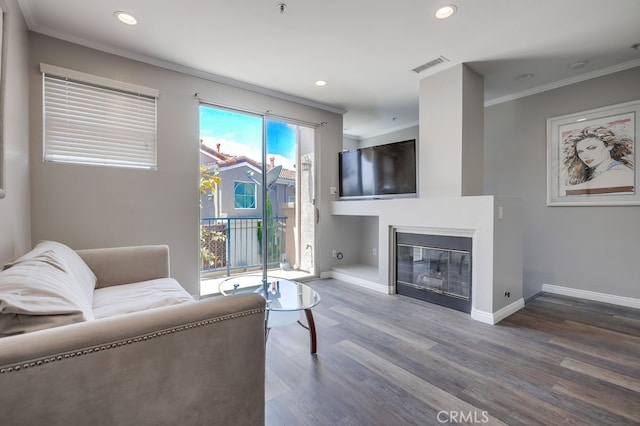 376 Gullotti Pl, Placentia, CA 92870 - living room with crown molding, recessed lighting, wood finished floors, and a glass covered fireplace