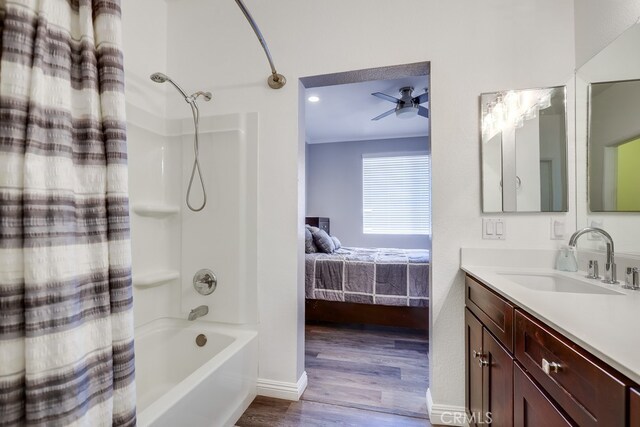 376 Gullotti Pl, Placentia, CA 92870 - bathroom with shower / bathtub combination with curtain, ensuite bath, wood finished floors, vanity, and ceiling fan
