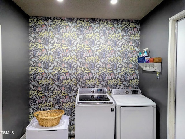 21613 Mountain Dr, Tehachapi, CA 93561 - laundry area featuring wallpapered walls, separate washer and dryer, recessed lighting, and an accent wall