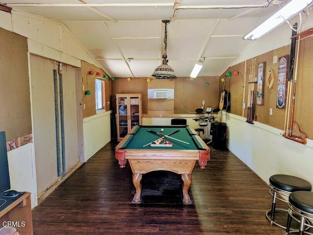 21613 Mountain Dr, Tehachapi, CA 93561 - playroom with wood finished floors, vaulted ceiling, pool table, and a wall unit AC