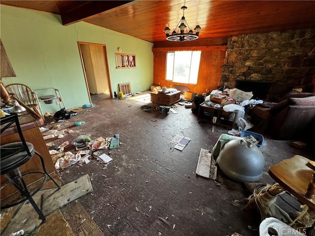 12449 6th St, Yucaipa, CA 92399 - living area featuring lofted ceiling, wooden ceiling, a chandelier, and a fireplace